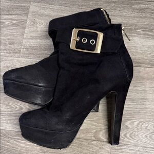 Aldo Black Suede Heeled Boots with Gold Buckle